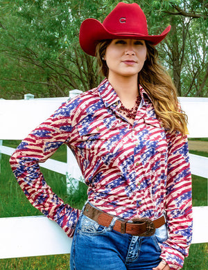 COWGIRL TUFF Pullover Button Up Flag Print