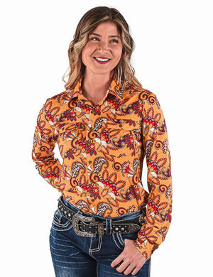 COWGIRL TUFF Women's Gold Paisley Pullover Button-Down