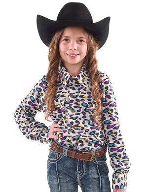 COWGIRL TUFF Girl's Purple Yellow Turquoise Leopard Print Pullover Button - Up