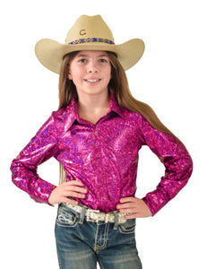 COWGIRL TUFF Girl's Hot Pink Metallic Lightweight Stretch Pullover Button-Up