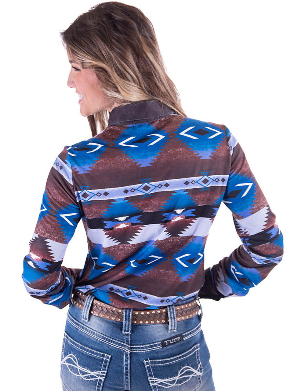 COWGIRL TUFF Women's Brown and Blue Western Print Pullover