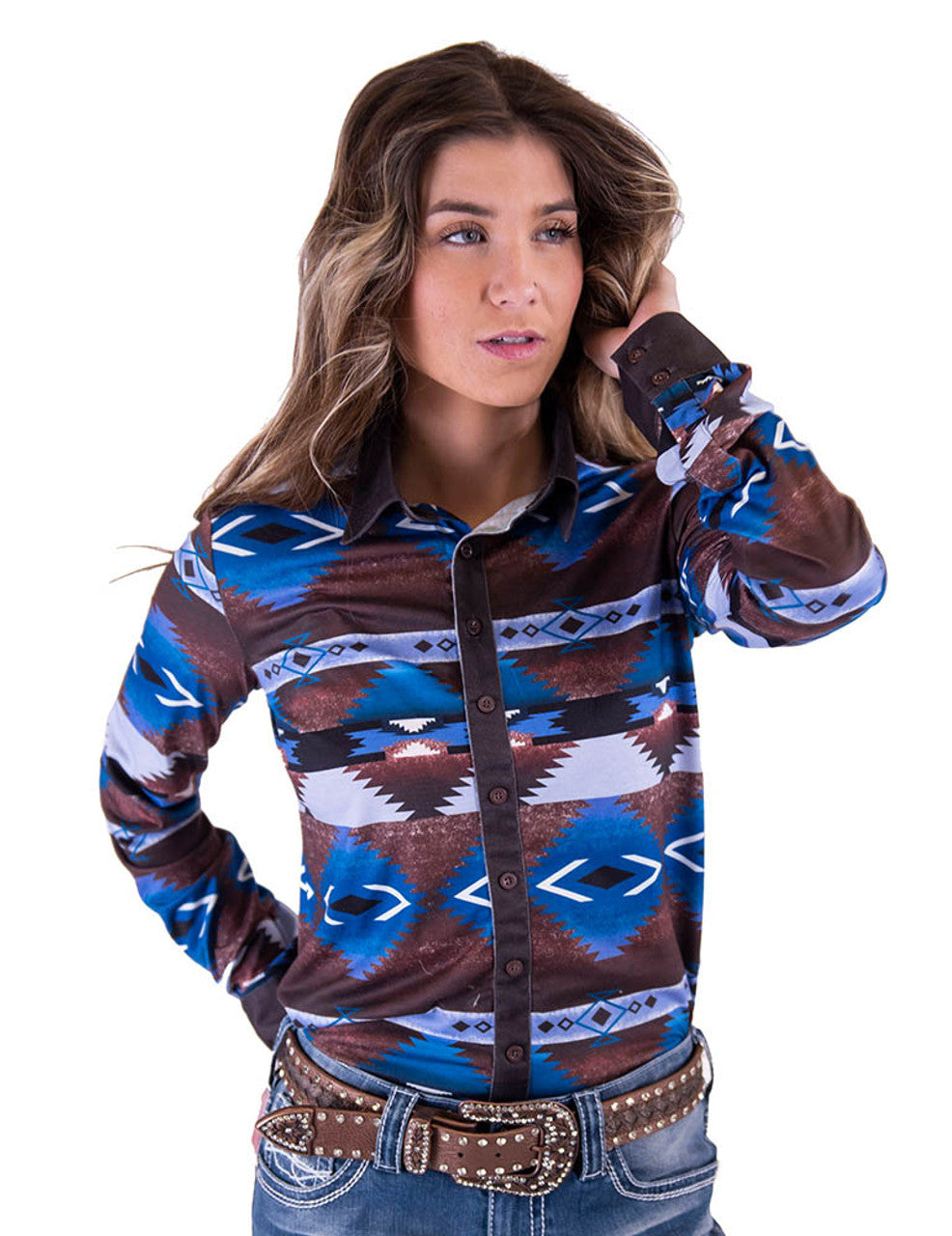 COWGIRL TUFF Brown & Blue Western Print Pullover Button-Up