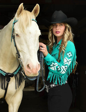 COWGIRL TUFF Black & Turquoise Breathe Pullover Button-Up w/Fringe
