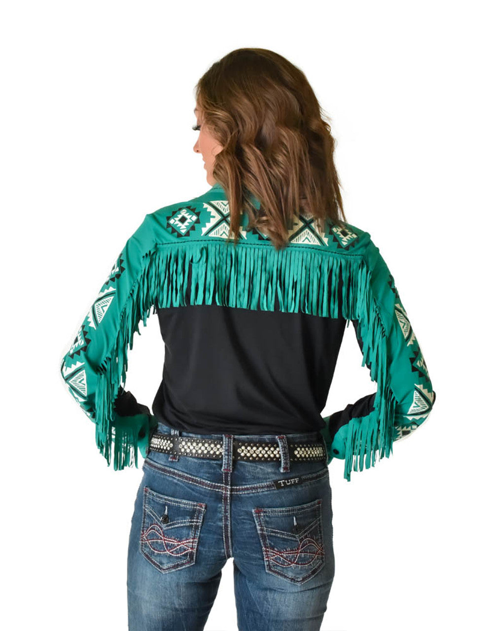 COWGIRL TUFF Black & Turquoise Breathe Pullover Button-Up w/Fringe