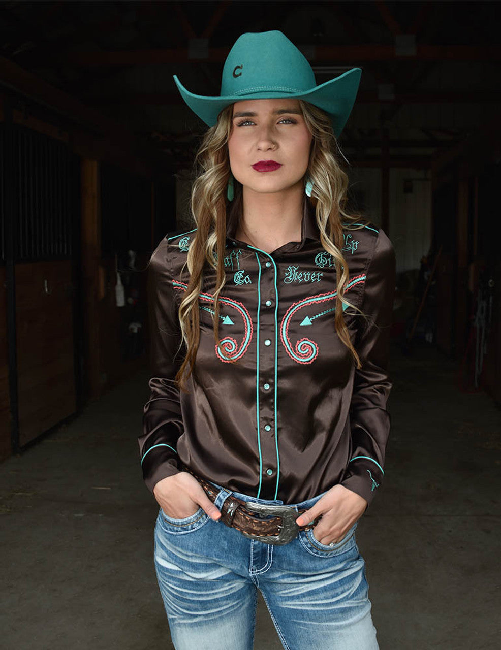 COWGIRL TUFF Brown Satin Pullover Button-Up