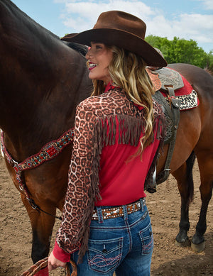 COWGIRL TUFF  Red and Leopard Fringe Breathe Pullover Button-Up