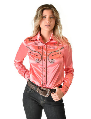 COWGIRL TUFF Coral Satin Pullover Button-Up