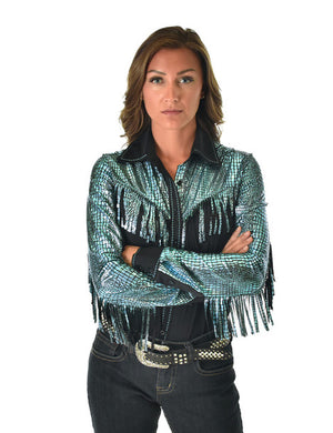 COWGIRL TUFF Pullover Button Up (Black Breathe Lightweight with Turquoise Metallic Accents and Fringe)