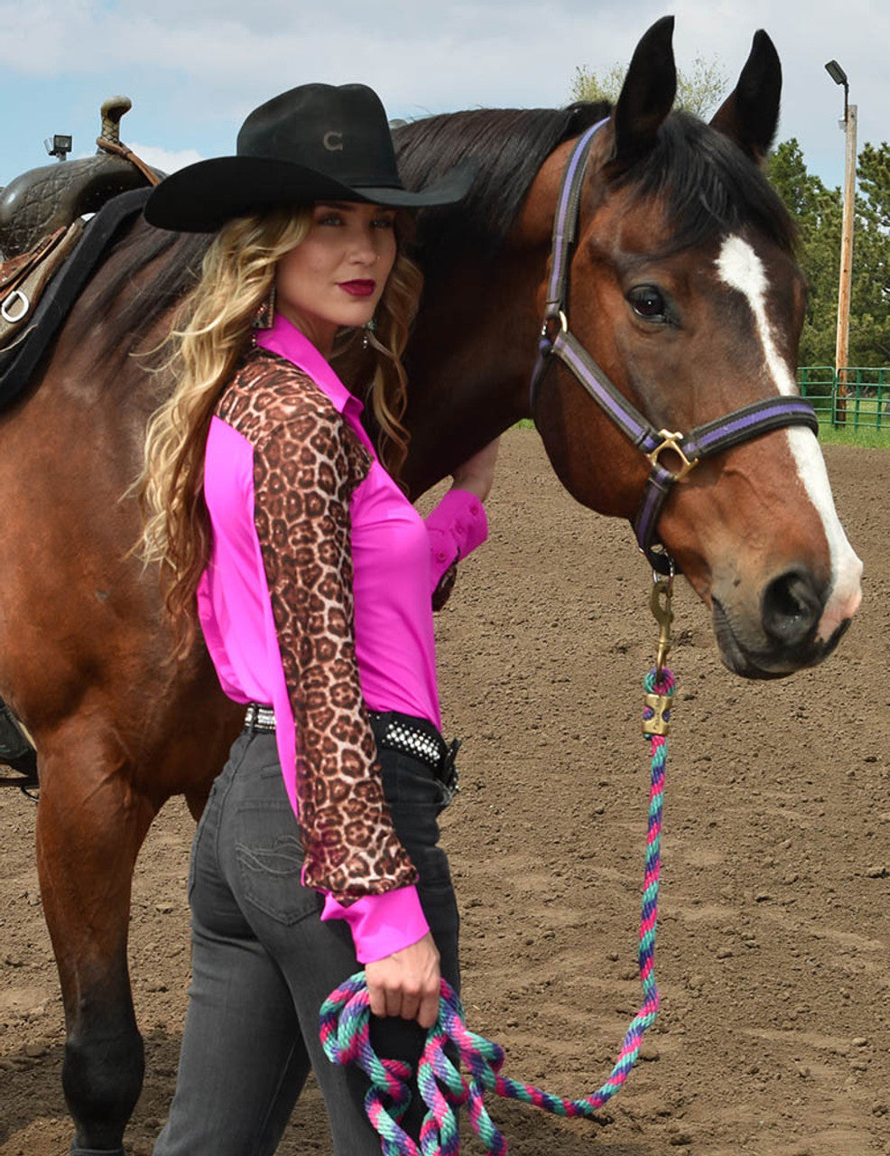 Cowgirl Tuff Hot Pink & Leopard Breathe Pullover Button-Up