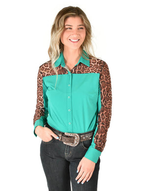 COWGIRL TUFF Turquoise & Leopard Breathe Pullover Button-Up