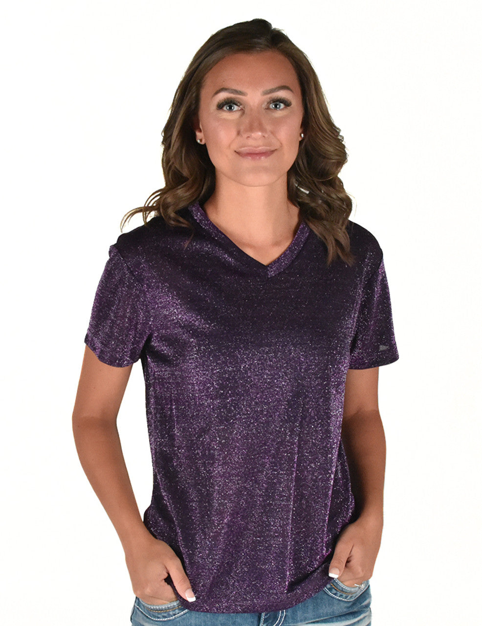 COWGIRL TUFF Women's Purple Shimmer V-Neck Tee