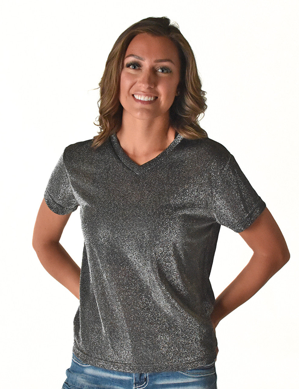 COWGIRL TUFF Women's Silver Shimmer V-Neck Tee