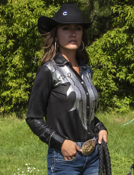 COWGIRL TUFF Women's Black and Sliver Lightweight Metallic Jersey with Western Detailing  Pullover Button Up