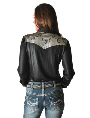 COWGIRL TUFF Women's Black and Sliver Lightweight Metallic Jersey with Western Detailing  Pullover Button Up