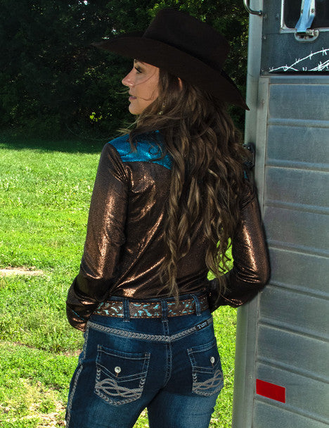 COWGIRL TUFF Women's Pullover Copper and Turquoise Lightweight Metallic Jersey with Western Detailing Pullover