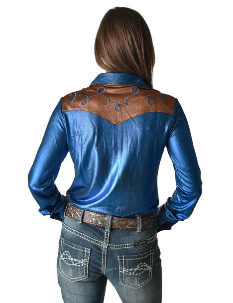 COWGIRL TUFF Women's Blue and Copper Lightweight Metallic Jersey with Western Detailing  Pullover Button Up