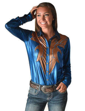 COWGIRL TUFF Women's Blue and Copper Lightweight Metallic Jersey with Western Detailing  Pullover Button Up