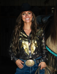 COWGIRL TUFF Women's Black Snakeskin and Gold Lightweight Metallic Jersey with Western Detailing  Pullover Button-Up