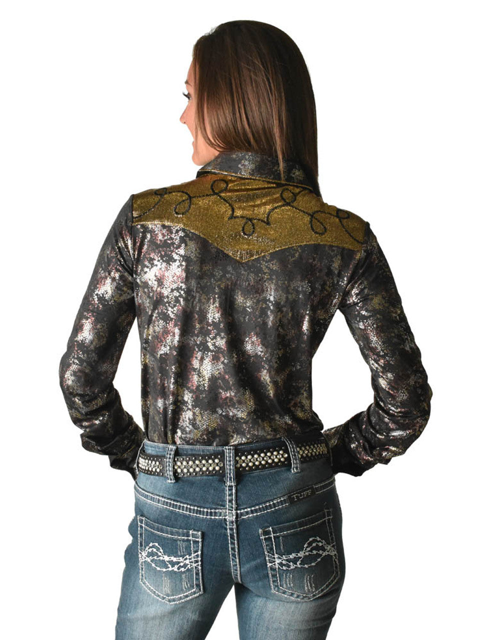 COWGIRL TUFF Women's Black Snakeskin and Gold Lightweight Metallic Jersey with Western Detailing  Pullover Button-Up