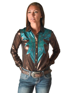 COWGIRL TUFF Women's Pullover Copper and Turquoise Lightweight Metallic Jersey with Western Detailing Pullover