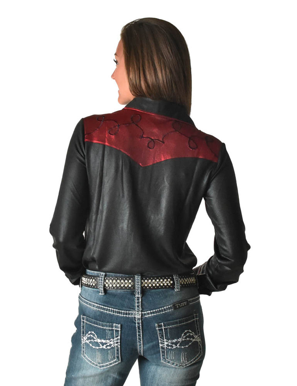 COWGIRL TUFF Women's Black and Red Lightweight Metallic Jersey with Western Detailing Pullover Button Up