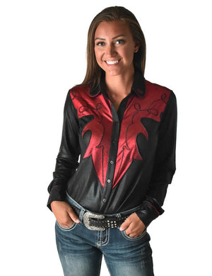 COWGIRL TUFF Women's Black and Red Lightweight Metallic Jersey with Western Detailing Pullover Button Up