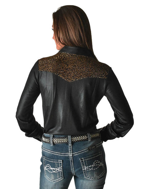 COWGIRL TUFF Women's Black and Copper Lightweight Metallic Jersey with Western Detailing  Pullover Button Up