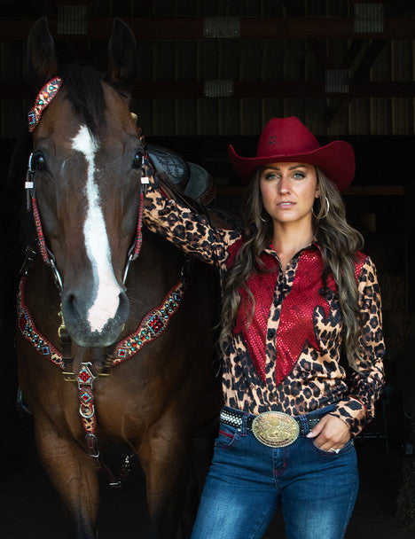 COWGIRL TUFF Women's Pullover Leopard and Red Lightweight Satin With Western Detailing Pullover