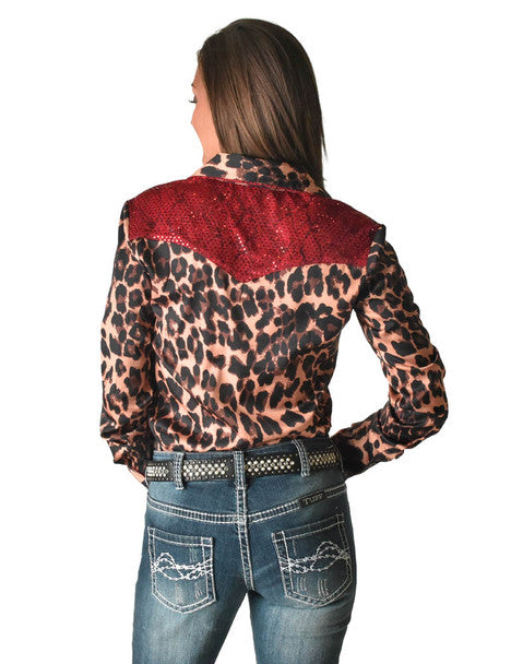 COWGIRL TUFF Women's Pullover Leopard and Red Lightweight Satin With Western Detailing Pullover
