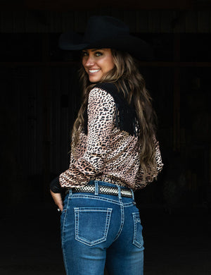 COWGIRL TUFF Women's Leopard and Black Lightweight Satin Pullover with Fringe Button Up