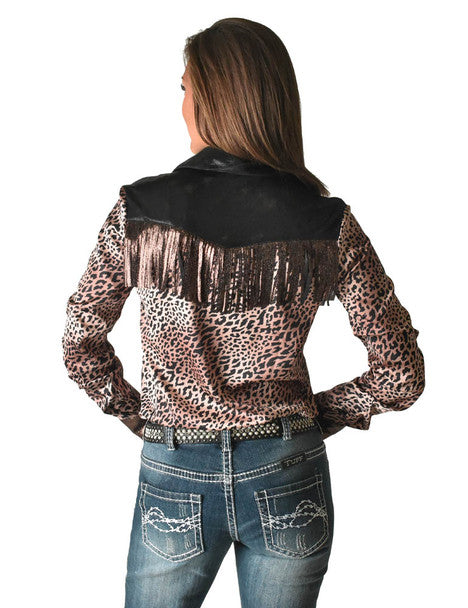COWGIRL TUFF Women's Leopard and Black Lightweight Satin Pullover with Fringe Button Up