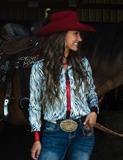 COWGIRL TUFF Black and White Zebra Lightweight Satin with Red Metallic Accents Pullover Button-Up