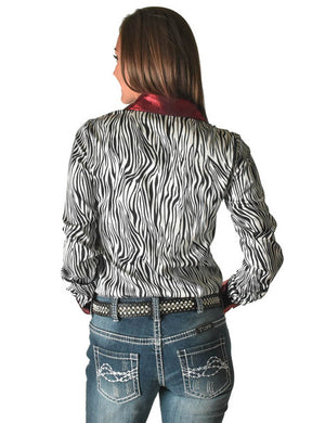 COWGIRL TUFF Black and White Zebra Lightweight Satin with Red Metallic Accents Pullover Button-Up