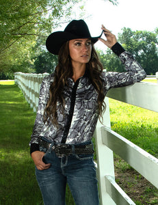 COWGIRL TUFF Black Snakeskin Lightweight Satin with Black Metallic Accents Pullover Button-Up