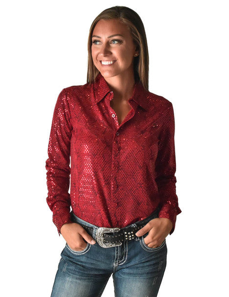 COWGIRL TUFF Women's Pullover Button Up Red Lightweight Metallic Snakeskin Bling