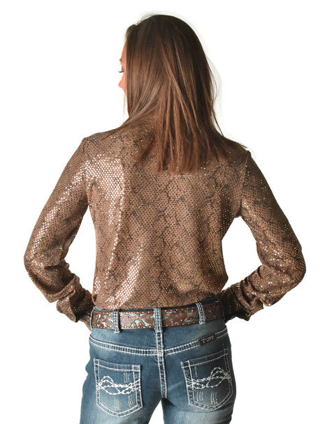Cowgirl Tuff Tan Lightweight Metallic Snakeskin Bling Pullover Button-Up