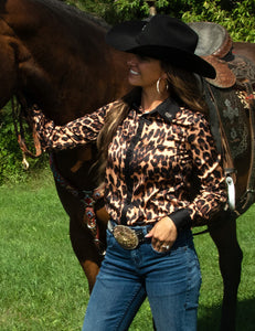 COWGIRL TUFF Pullover Button Up Leopard Satin with Black Satin Accents
