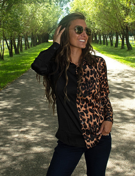 COWGIRL TUFF Women's Half Leopard Half Black Satin Pullover Button Up