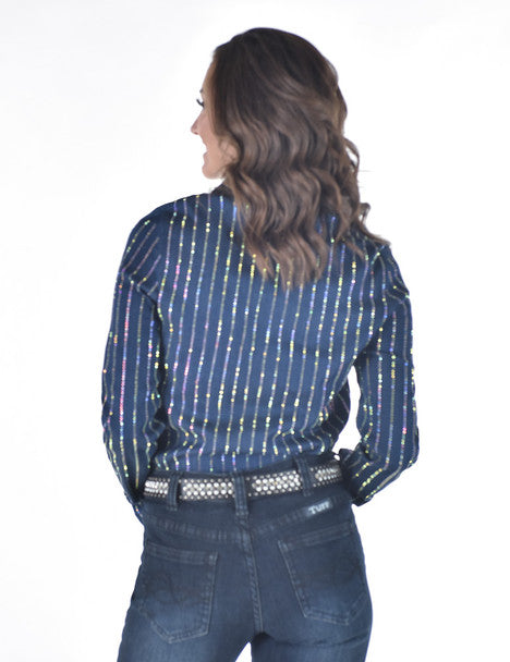 COWGIRL TUFF Pullover Button Up (Dark UltraBreathe Denim with Rows of Crystal Embellishing)