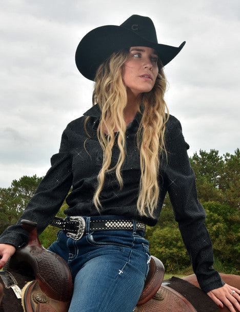 COWGIRL TUFF Pullover Button Up (Black UltraBreathe Denim with Allover Crystal Embellishing)