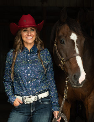 COWGIRL TUFF Pullover Button Up (Dark UltraBreathe Denim with Allover Crystal Embellishing)