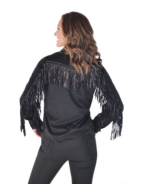 COWGIRL TUFF Bling Fringe Pullover Button Up  (Black Mid-weight Faux Leather With Crystal Fringe)