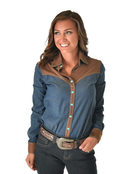 COWGIRL TUFF Pullover Button Up  (Brown faux leather and Denim lightweight with turquoise thread and buttons)