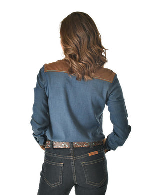 COWGIRL TUFF Pullover Button Up  (Brown faux leather and Denim lightweight with turquoise thread and buttons)