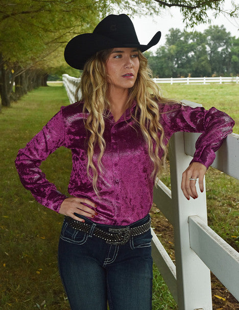 COWGIRL TUFF Pullover Button Up (Shiny Jazzberry Snakeskin Mid-weight)