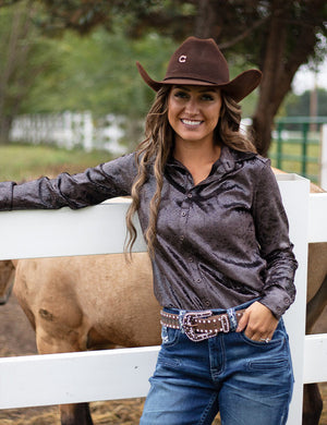 COWGIRL TUFF Pullover Button Up (Shiny Mocha Snakeskin Mid-Weight)