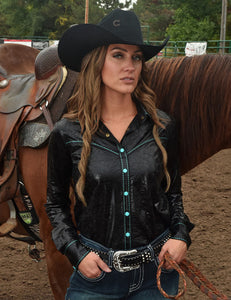 COWGIRL TUFF Pullover Button Up  (Black Mid-weight Shiny with turquoise stitch and buttons)
