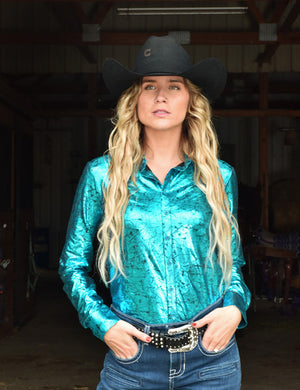 COWGIRL TUFF Pullover Button Up - Shiny Turquoise