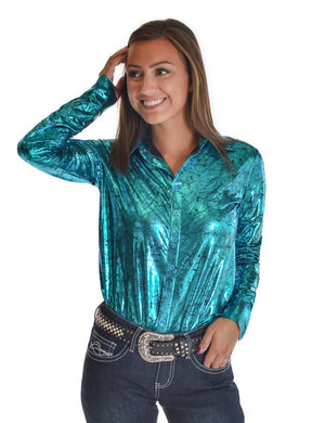 COWGIRL TUFF Pullover Button Up - Shiny Turquoise