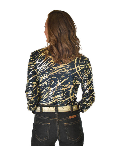 COWGIRL TUFF Pullover Button Up (Deep Blue And Gold Metallic Mid-Weight)